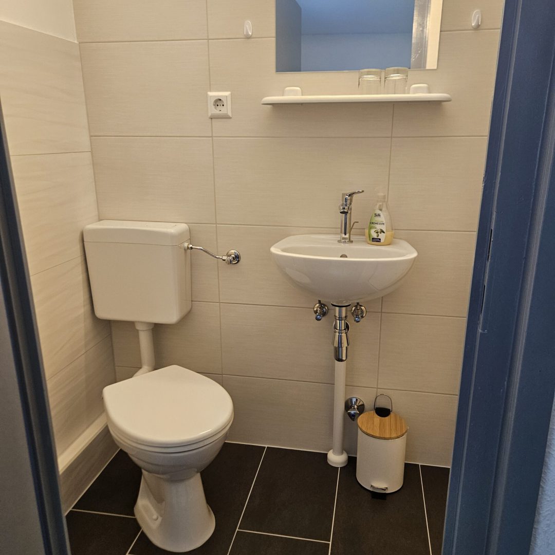 Bild der Toilette des Doppelbett-Zimmers namens Dachsbau in der Zimmervermietung Lingies im Spreewald.