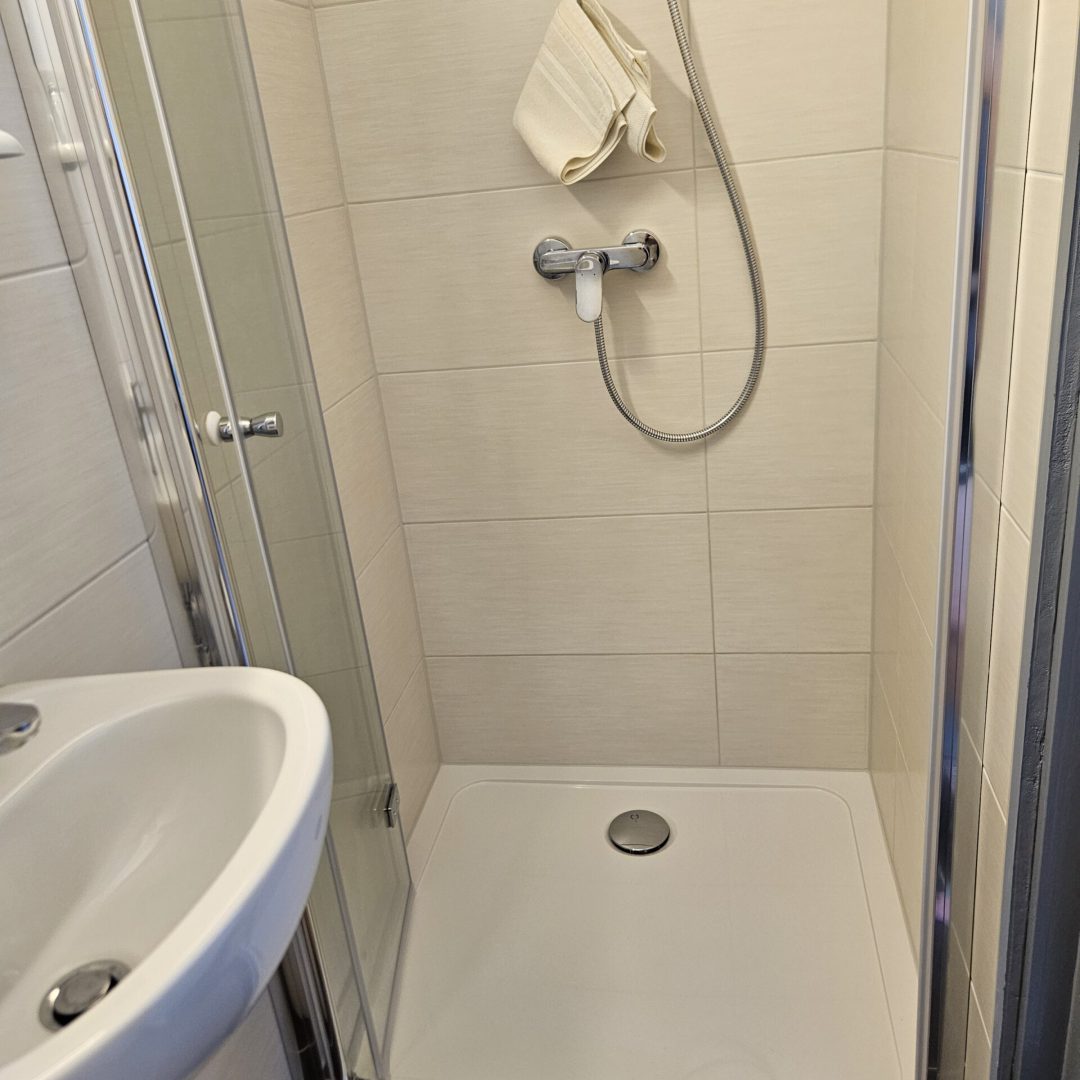 Bild der Dusche des Einzelbetten-Zimmers namens Kogel in der Zimmervermietung Lingies im Spreewald.