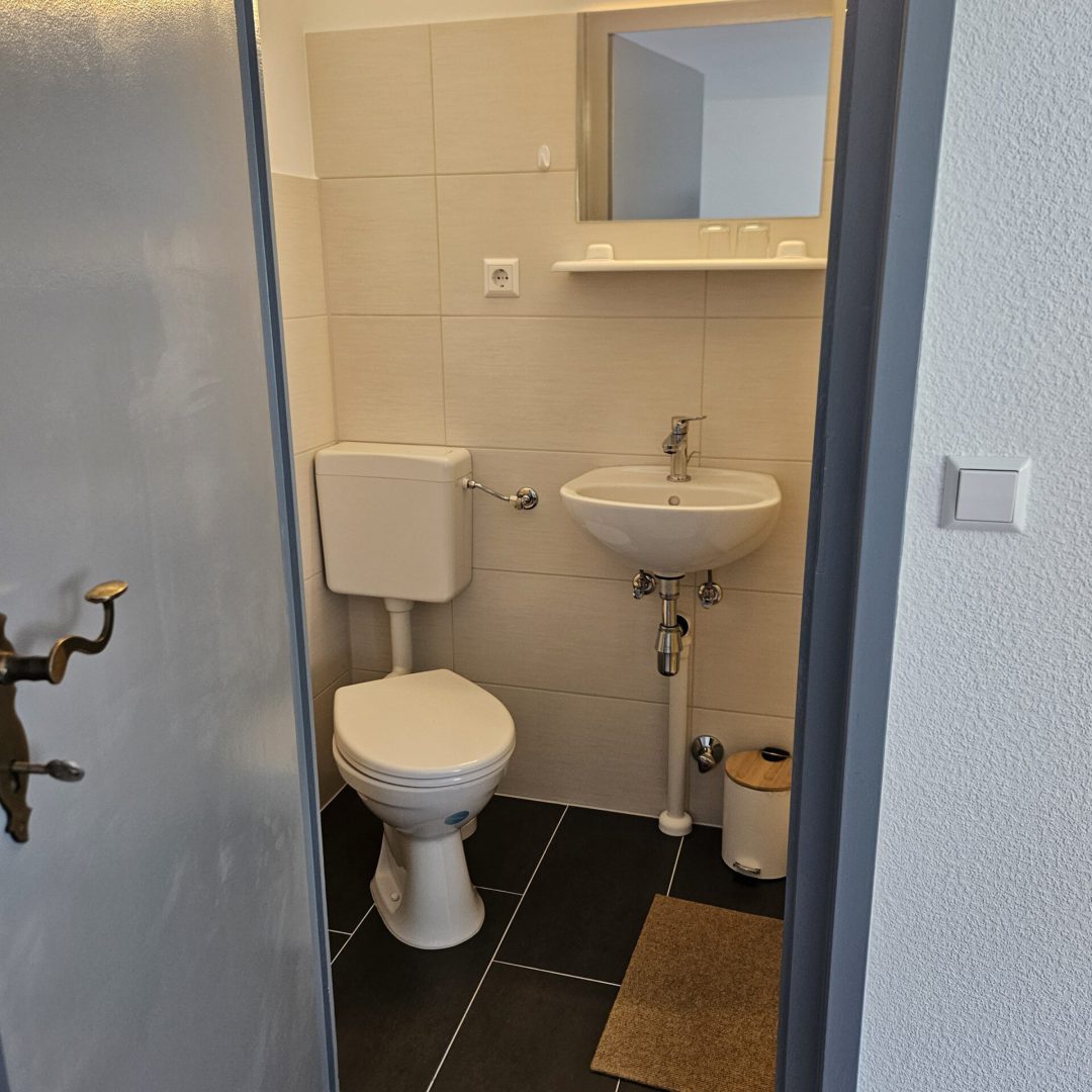 Bild der Toilette des Einzelbetten-Zimmers namens Kogel in der Zimmervermietung Lingies im Spreewald.